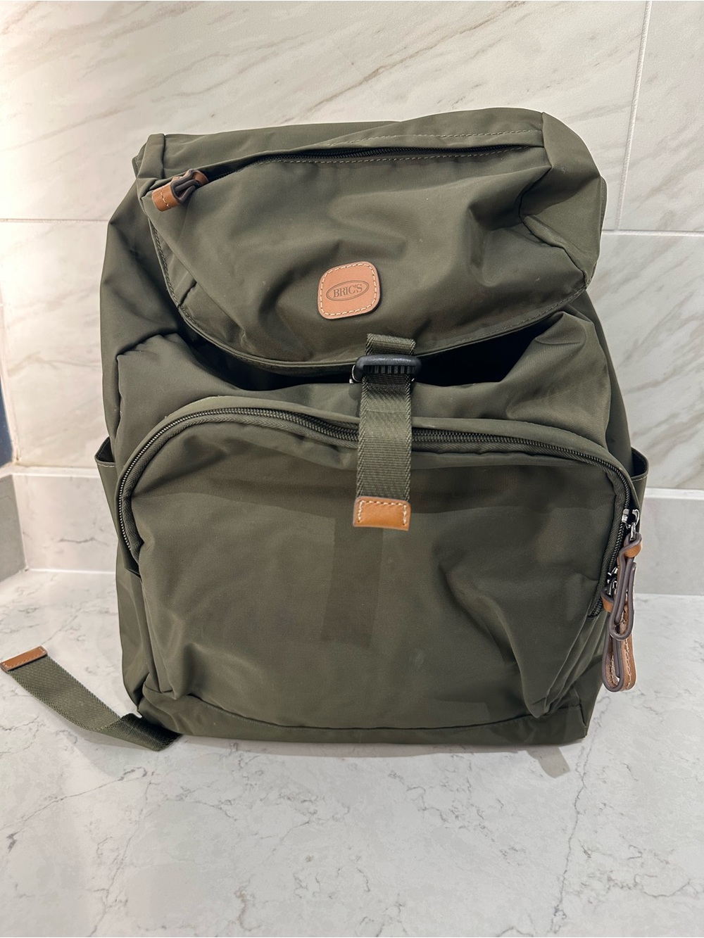 Bric's Olive Green Backpack with Brown Leather Trim